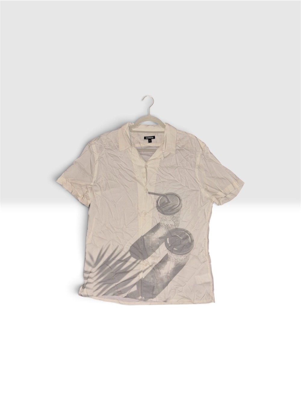 Men's Cream Short-Sleeve Button-Down Shirt with Graphic